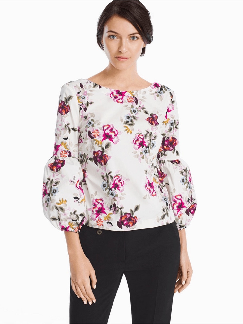 White House Black Market Floral Puff-Sleeve Blouse - White with Pink Floral